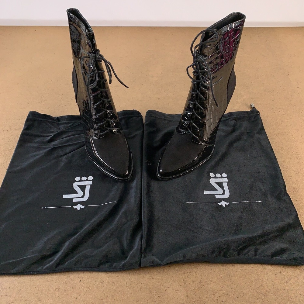 Shane Justin Women's Shoe Size 39 (US 8) Shiny Black Stiletto Lace Up Boots New - Picture 3 of 10